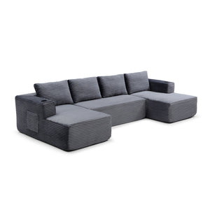 English Elm 132" Modular U-shaped Corduroy Sectional with Deep Seat Foam Cupholders Living Room Grey W1117S00417