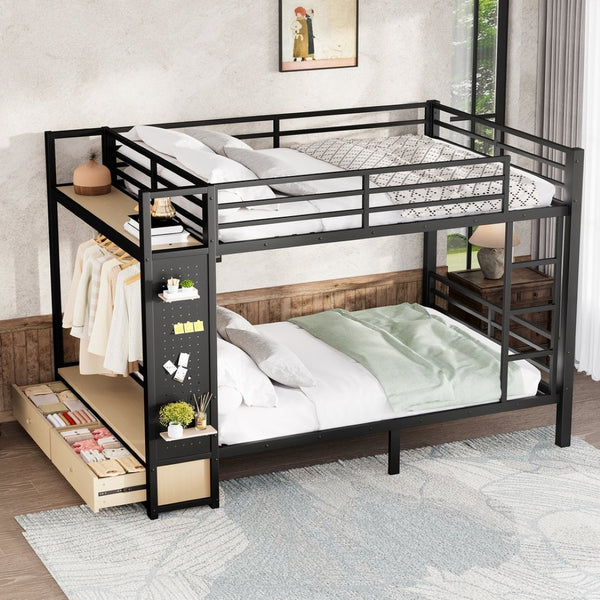 English Elm Queen Over Queen Metal Bunk Bed With Storage Shelves & Drawers - Stylish Space-Saving Solution For Teens W1580S00235-GIGA