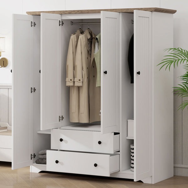 English Elm 4 Door Wardrobe Armoire Closet with 2 Drawers Rustic Pine & MDF Storage Cabinet with Shelves and Hanging Space White N7090001842K