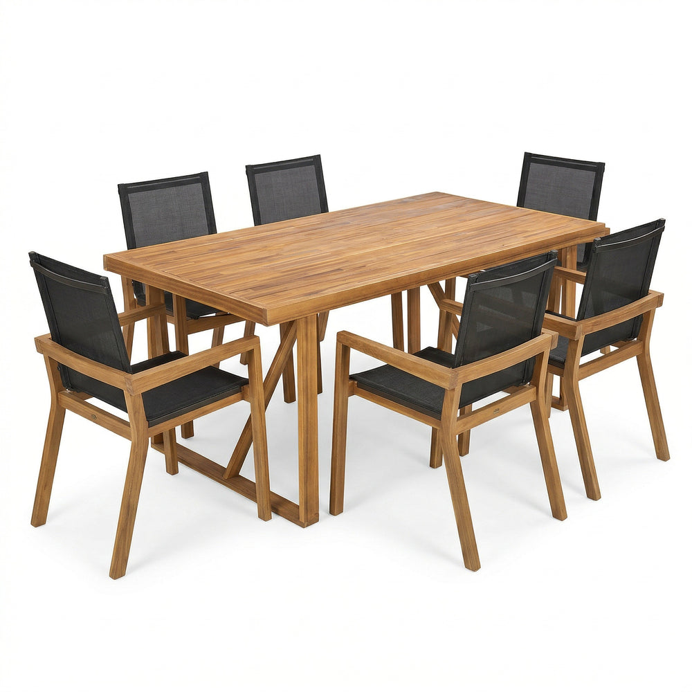 English Elm 7 Piece Solid Acacia Wood Outdoor Dining Set with Mesh Chairs Teak Finish Patio N762S000004AAD