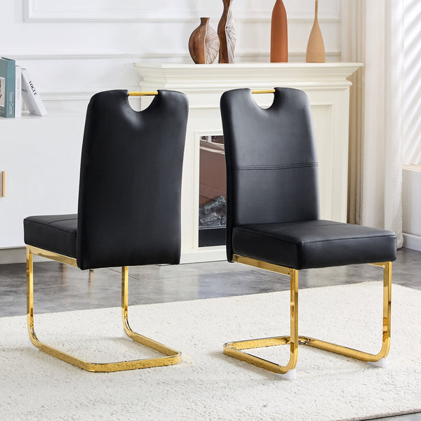 English Elm Modern Cantilever Gold Frame Pu Leather Dining Chairs Glam Set of Four Black W3875P372986