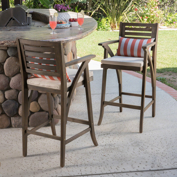 English Elm Christopher Knight Home® - HERMOSA Acacia 30" Outdoor Bar Stool Set of 2 with Weather-Resistant Cushions and Ladder-Back Design Grey 59244.00GRYMP2
