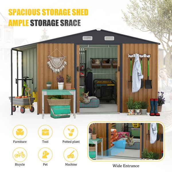 English Elm 10x12 Ft Galvanized Steel Outdoor Shed Dual Zone Lockable Sliding Doors Backyard Storage Yellow W1598S00033
