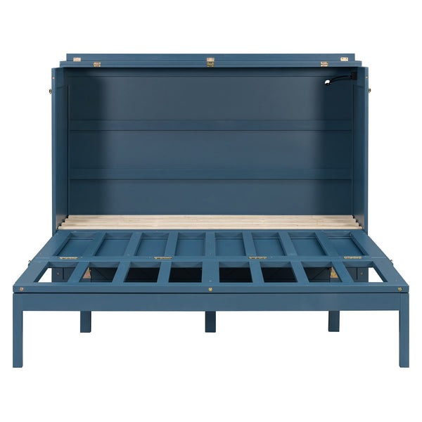 English Elm Queen Murphy Wall Bed Cabinet with Storage Drawer Built-in Power Outlets Usb Ports Navy Blue LP000400AAC-1