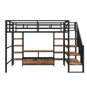 English Elm Full Metal Loft Bed Full Size with Staircase, Built-In Desk & Shelves, Black, Sturdy Space-Saving Setup GX001132AAB