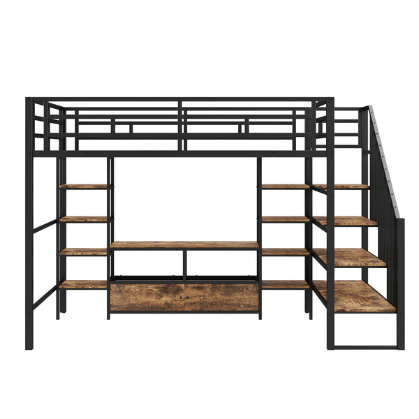 English Elm Full Metal Loft Bed Full Size with Staircase, Built-In Desk & Shelves, Black, Sturdy Space-Saving Setup GX001132AAB