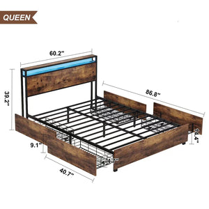 English Elm Queen Bed Frame with Storage Headboard, USB Charging, RGB LED App Control, Sturdy Noise-Free Design W2129P192349