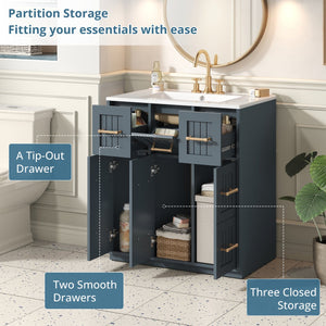 English Elm 30inch Bathroom Vanity with Undermount Sink, Tip-Out Tray, Soft-Close Doors, Spacious Drawers & Handles Blue N710P331580C