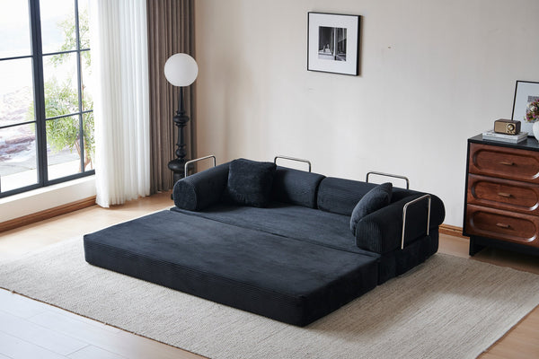 English Elm 78.8" Corduroy Modular Floor Sofa Convertible Sleeper Futon with Pillow Back Support Black W5617P456006
