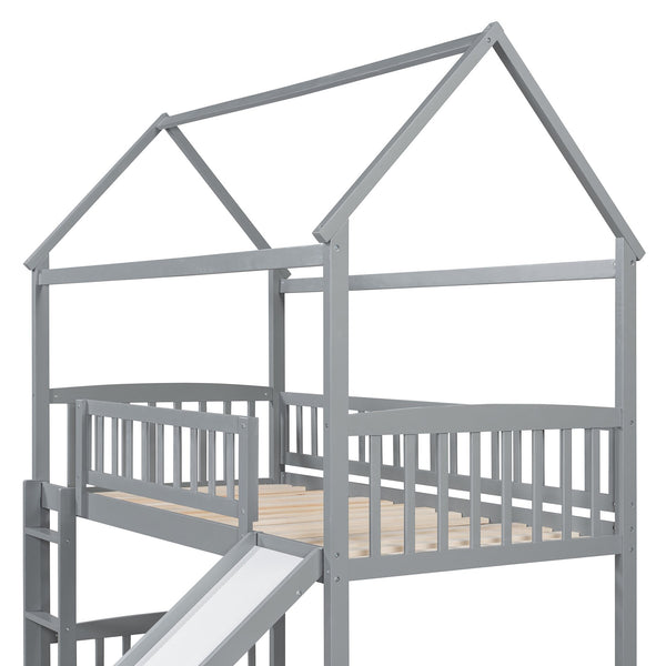 English Elm Twin Over Solid Wood House Bunk Bed with Built-in Slide and Gray Finish LT100213AAE-1