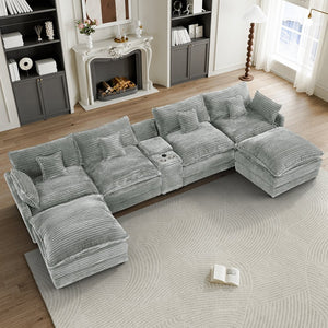 English Elm 148-inch U-shaped Sectional Seven Piece Sofa with Console Usb Port Living Room W2564S00096