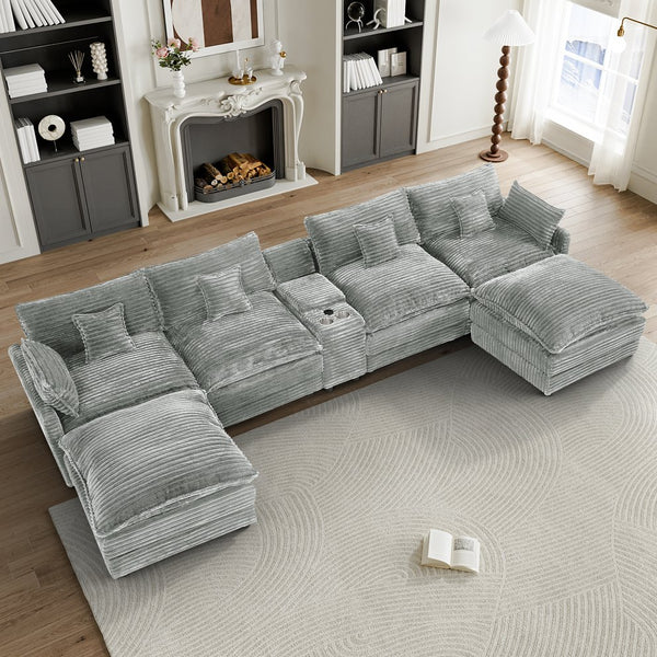English Elm 148-inch U-shaped Sectional Seven Piece Sofa with Console Usb Port Living Room W2564S00096