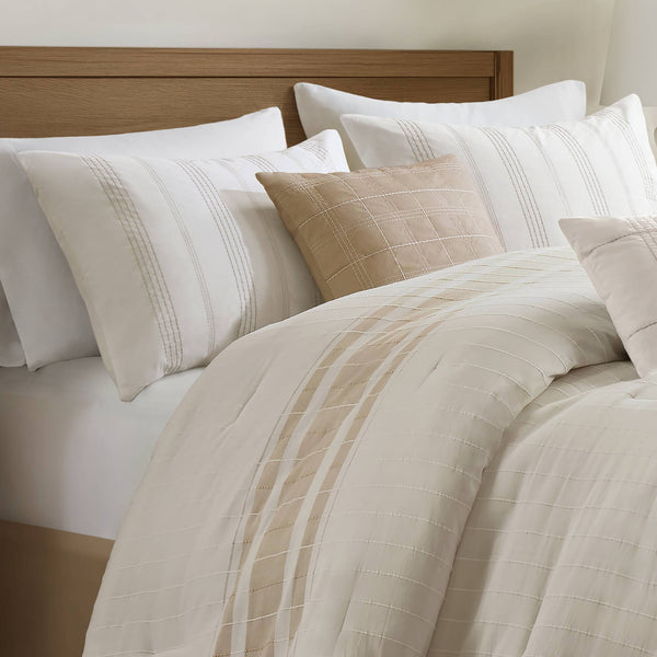 JLA Home Harbor House Blue - 6 Cotton Jacquard Oversized Comforter Set with Hypoallergenic Fill, Ivory Blue Stripes, OEKO‑TEX Certified 96 L x 110 W x 1.5H HH10-1989