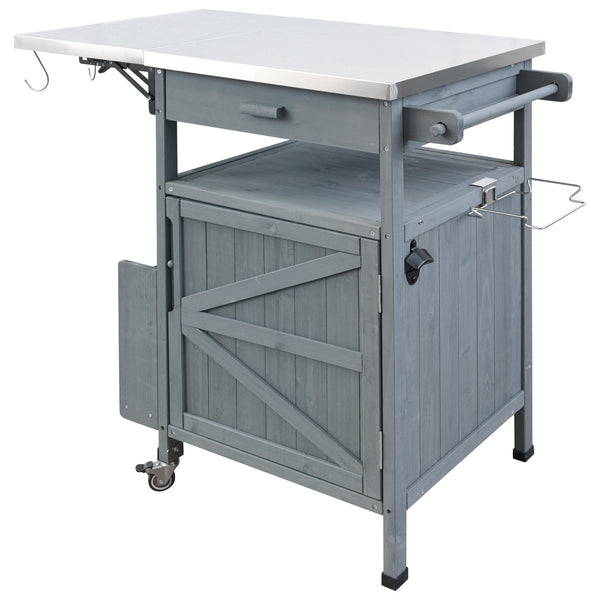 English Elm K&K 40.5" Outdoor Grill Cart with 201 Stainless Top, Solid Fir Storage, Drop Leaf & Lockable Wheels Blue+Grey N707P228272G