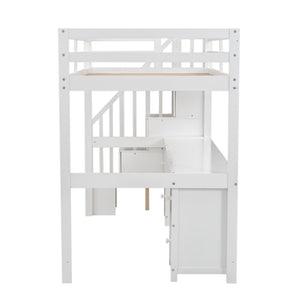 English Elm Twin Loft Bed with Built-In Desk and Double Storage Drawers, Pine & MDF Frame for Small Rooms White GX000382AAK