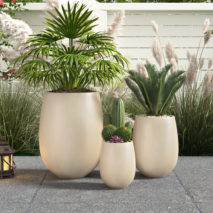 English Elm U_style Mgo Round Planter Set of Three Graduated Sizes for Patio and Indoor Decor N711P406658A