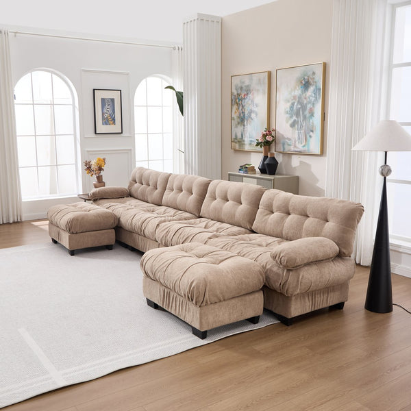 English Elm U Shaped Modular Cloud Sectional with Plush Flannelette Upholstery Deep Seat Living Room Sofa Light Brown W2120S00050