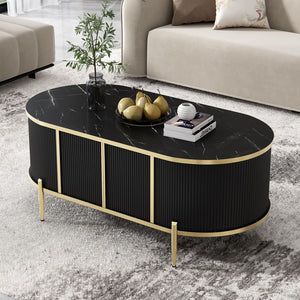 English Elm Modern Luxury Oval Shaped Fluted Coffee Table, Marble-Patterned Top Coffee Table With 2 Cabinets, Metal Legs and Handles For Living Room, Black (Date Of Expected Arrival: 11.20)