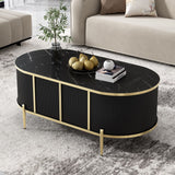 English Elm Modern Luxury Oval Shaped Fluted Coffee Table, Marble-Patterned Top Coffee Table With 2 Cabinets, Metal Legs and Handles For Living Room, Black (Date Of Expected Arrival: 11.20)