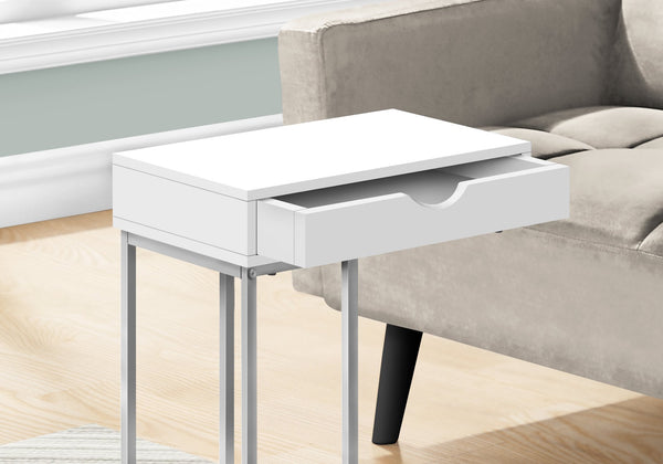 English Elm Accent C-shaped End Table with Sliding Base and Storage Drawer — Contemporary Metal Frame Design White 23 L x 17 W x 3 H B2710P219423