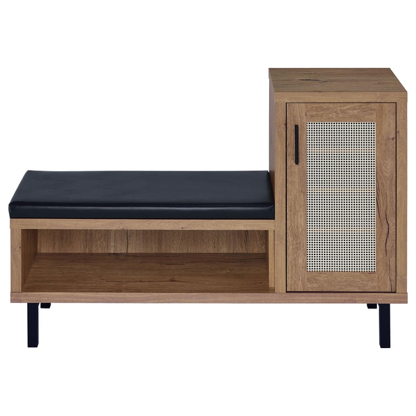 English Elm Stagg Oak Finish Entryway Bench with Cane Door Panel and Four Tier Shoe Storage B062P451791