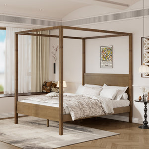 English Elm Queen Solid Wood Canopy Bed Four Post Antique Oak Finish with Curtain Rail Slots N758Q084041N