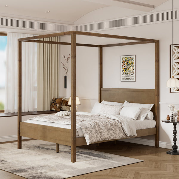 English Elm Queen Solid Wood Canopy Bed Four Post Antique Oak Finish with Curtain Rail Slots N758Q084041N
