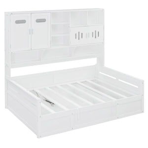 English Elm Full Size Wooden Daybed With Hydraulic Lift, Integrated Storage Cabinet & Stylish Shelving, White N820S00047K