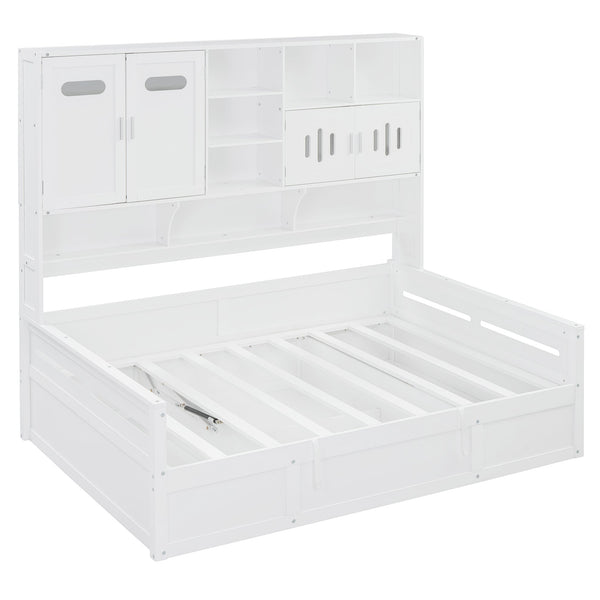 English Elm Full Size Wooden Daybed With Hydraulic Lift, Integrated Storage Cabinet & Stylish Shelving, White N820S00047K