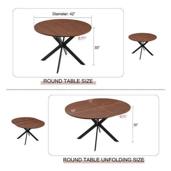 English Elm Extendable Round Dining Table Walnut Grain Top Matte Black Base Seats 4 to 6 W3875S00001