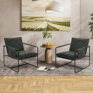 English Elm Accent Chair Mid-Century Rattan Arms Set of 2 with Rubber Wood Legs, Plush Fabric Seat, Cozy Lounge Dark Gray T3950P397483