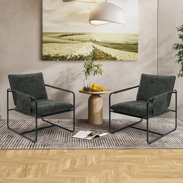 English Elm Accent Chair Mid-Century Rattan Arms Set of 2 with Rubber Wood Legs, Plush Fabric Seat, Cozy Lounge Dark Gray T3950P397483