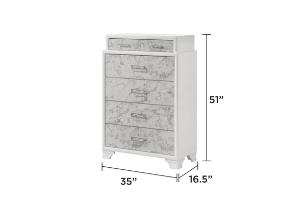 English Elm Soul Modern White Chest of Drawers with Marble Panels, 6 Spacious Drawers & Silver Handles for Bedroom Elegance and Durable Manufactured Wood Storage B009P309604