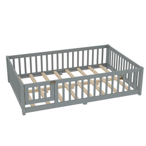 English Elm Full Floor Bed with Safety Guardrails and Play Door for Kids, Low Profile Pine Frame, 550lb Capacity Gray W1580P338951