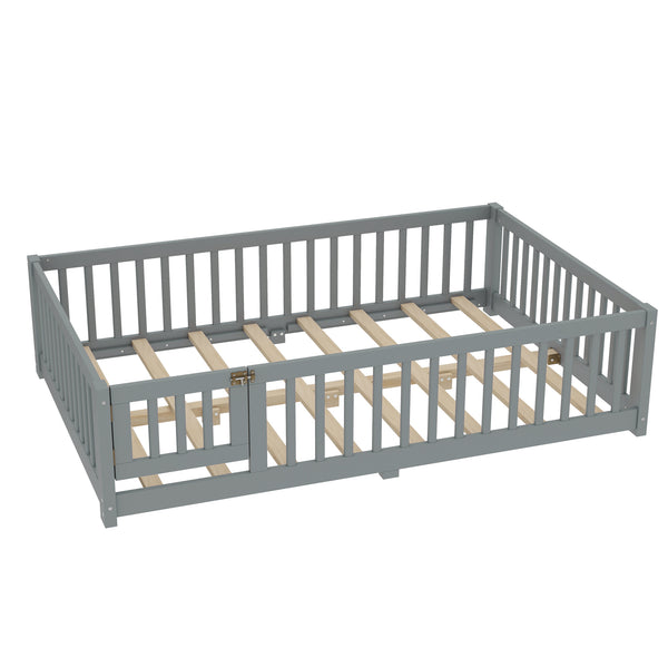English Elm Full Floor Bed with Safety Guardrails and Play Door for Kids, Low Profile Pine Frame, 550lb Capacity Gray W1580P338951