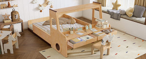 English Elm Full Size Car Shaped Kids Platform Bed with Storage Drawers Integrated Desk Pine Wood Natural W1580S00489