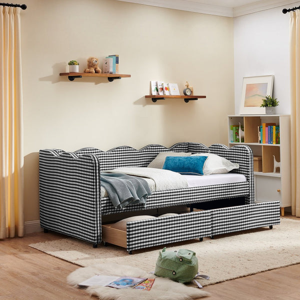 English Elm Twin Gingham Linen Daybed with Wave Silhouette Usb Port and Dual Storage Drawers Black W1413S00145