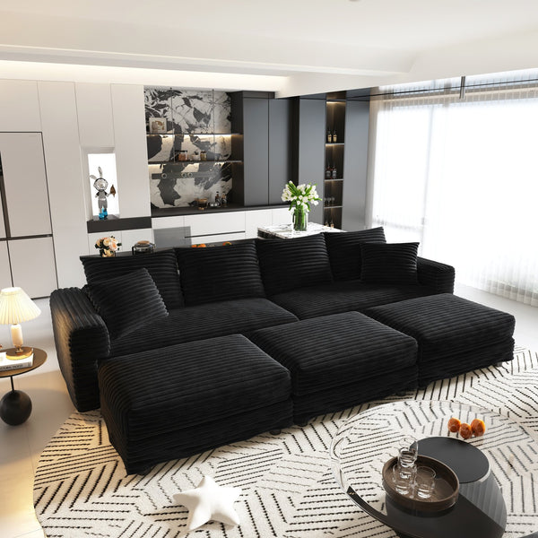 English Elm 102.4 Inch Plush Corduroy Cloud Sofa Deep Seat Four Person Convertible Lounge for Living Room Black W1885S00287