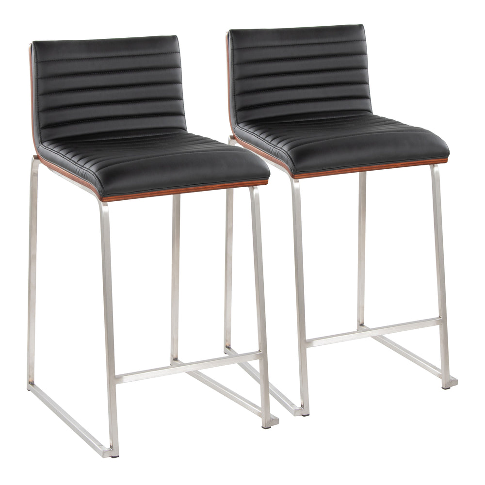 English Elm Mason Mara 26" Contemporary Counter Stools Set Of 2 - Stylish Black Faux Leather & Walnut Wood Design B202P222081