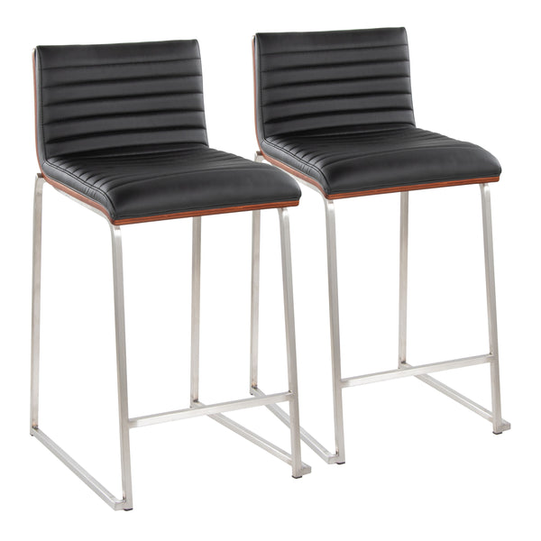 English Elm Mason Mara 26" Contemporary Counter Stools Set Of 2 - Stylish Black Faux Leather & Walnut Wood Design B202P222081