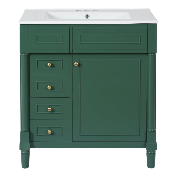 English Elm 30" Bathroom Vanity with Sink — Freestanding Modern Cabinet with Soft-Close Door, 2 Deep Drawers, Durable Basin Green N710P288938F