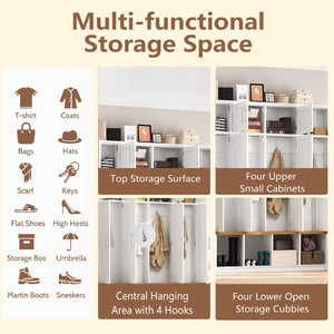 English Elm Wood Entryway Hall Tree with Bench Seating Coat Hooks Shoe Cubbies Cabinet White W5271S00004