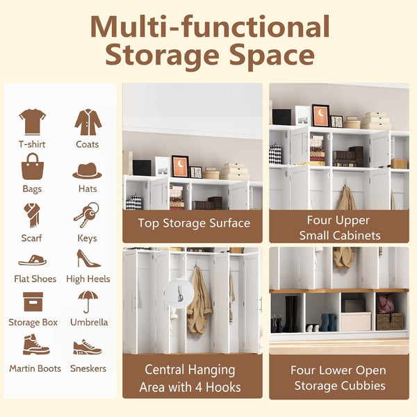 English Elm Wood Entryway Hall Tree with Bench Seating Coat Hooks Shoe Cubbies Cabinet White W5271S00004