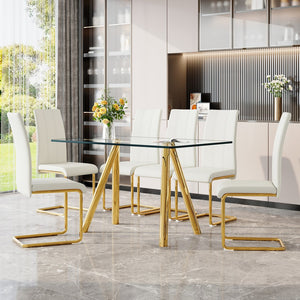 English Elm Tempered Glass Rectangular Dining Set Seats Six with Gold Metal Legs and White Chairs W3875S00047