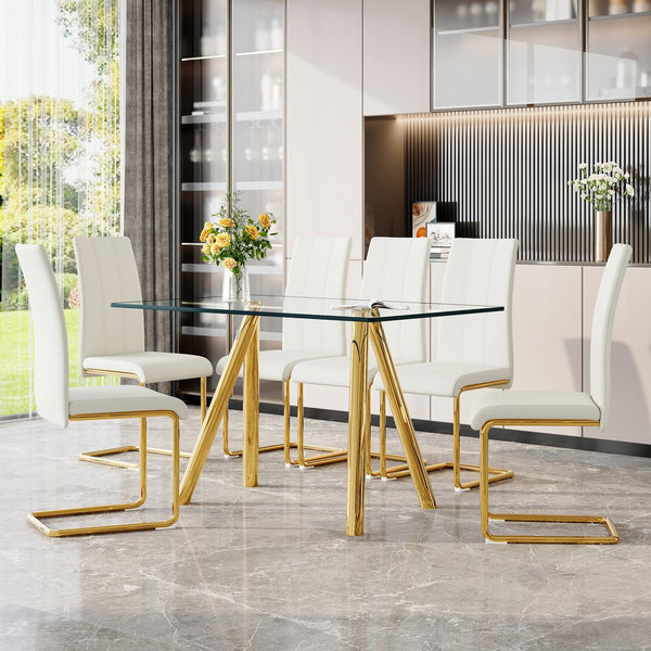 English Elm Tempered Glass Rectangular Dining Set Seats Six with Gold Metal Legs and White Chairs W3875S00047