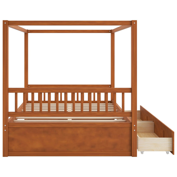 English Elm Wooden Canopy Queen Bed Solid Frame with Built-in Storage Drawers Slatted Base Walnut N7090005036L
