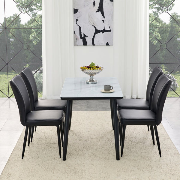 English Elm Table and Chair Set Modern Marble Glass Top with Black Metal Legs Pu Dining Chairs W1151S04659