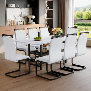 English Elm Table And Chair Set: Modern White Grain Dining Table With Storage & 8 Pu Chairs For Stylish Spaces W1151S04273-GIGA