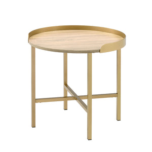 English Elm Round Round End Table with Tray-Style Oak Top and Gold Crossbar Base — Modern, Durable Accent Piece B016P325894