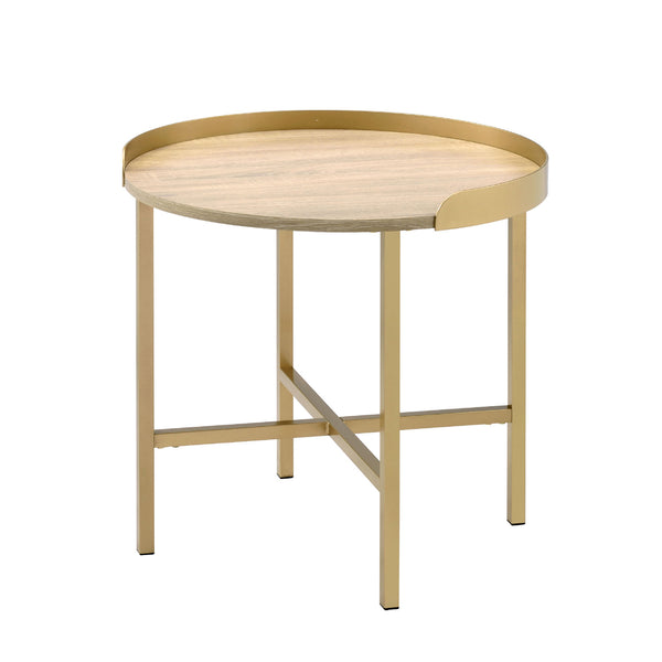 English Elm Round Round End Table with Tray-Style Oak Top and Gold Crossbar Base — Modern, Durable Accent Piece B016P325894